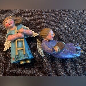 2 Signed/Numbered Folk Art Angels 1 w Ladder, other w Accordion by Leo Smith